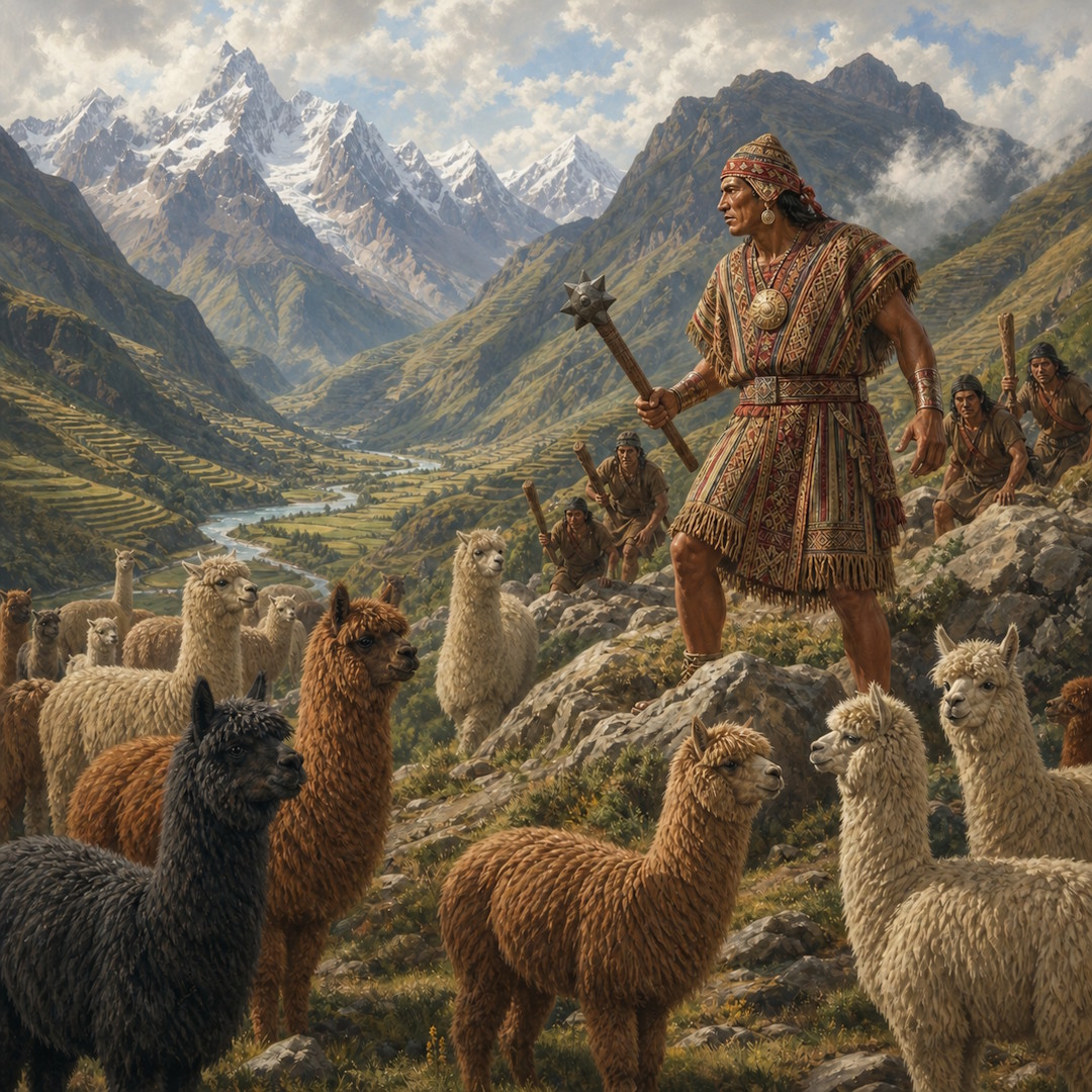 Painted illustration of a muscular man in a patterned tunic and beaded headband, holding a star-headed macana weapon, standing on rocky ground among a herd of brown, white, and black alpacas. A line of armed men approaches from behind. In the background, terraced green fields descend into a river valley with snow-capped Andean peaks in the distance.