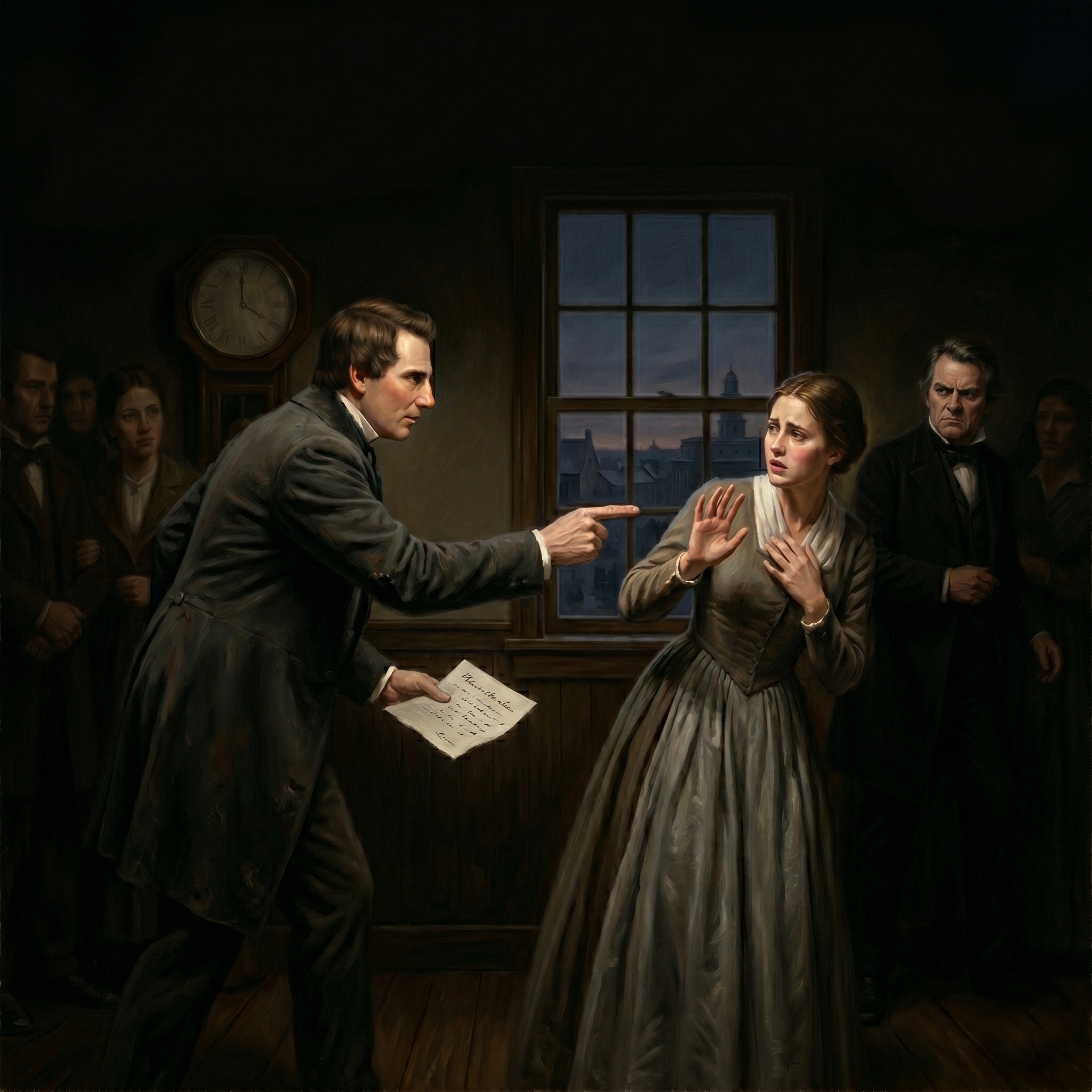 Painted scene inside a dimly lit Nauvoo parlor at dusk. From left: Joseph Smith leans forward in a dark coat, pointing accusingly toward a young woman while holding out a handwritten letter. In the center, 19-year-old Nancy Rigdon recoils in a gray-green dress with her hands raised in refusal, an alarmed expression on her face. To the right, her father Sidney Rigdon stands grim-faced in a dark suit and bow tie. Onlookers in period dress watch from the shadows. An old wall clock and a window framing the Nauvoo skyline anchor the room.