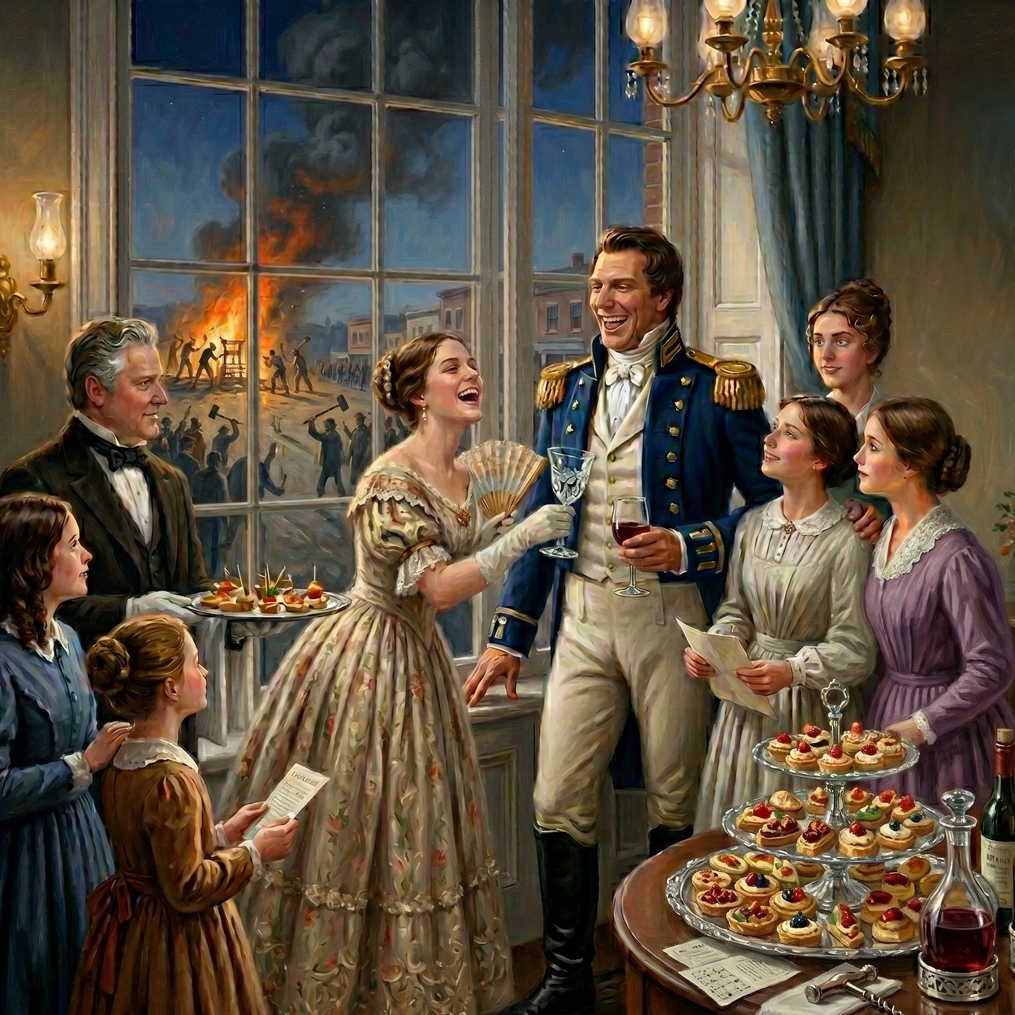 Painted scene inside an opulent Nauvoo parlor lit by a chandelier and oil lamps. In the center, Joseph Smith stands in a dark blue Nauvoo Legion uniform with gold epaulettes, raising a wine glass and smiling. A laughing woman in a floral dress holds up a fan beside him. Other young women in fine period dress and an older butler in a black coat provide them with hors d'oeuvres and wine. Through the large window behind Smith, an orange fire glows in the street where silhouetted men swing tools to smash a printing press.