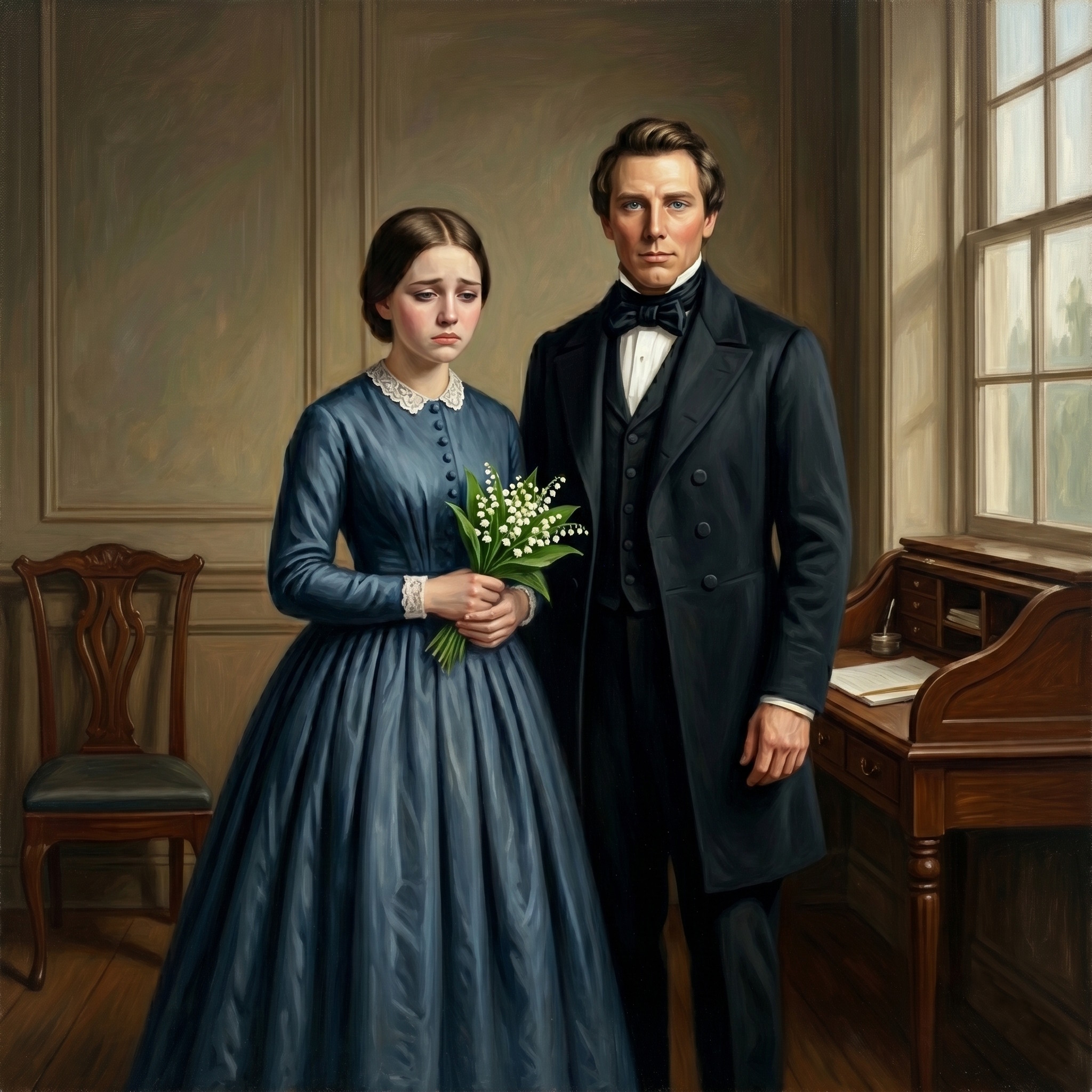 Oil-painted portrait of 14 year-old Helen Mar Kimball in a blue mid-19th-century dress with a white lace collar and cuffs, holding a small bouquet of flowers, and expressing a sad, downcast appearance. She stands beside 37 year-old Joseph Smith, to whom she has recently been plural married. Smith wears a black formal coat, vest, white shirt, and black bow tie.