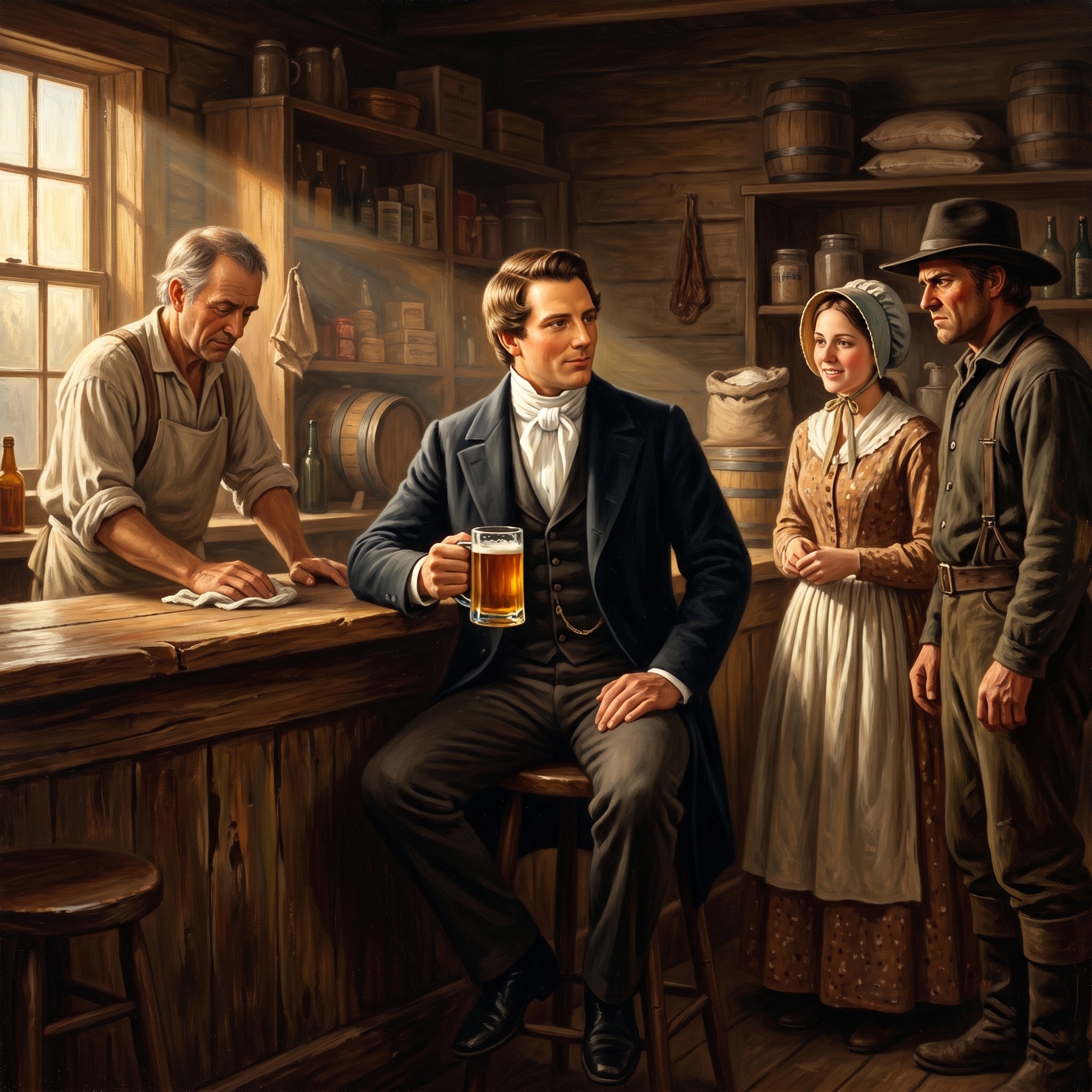 Painted interior of a 19th-century frontier tavern lit by sunlight through a multi-paned window on the left. In the center, Joseph Smith — a man in a dark blue frock coat with a high white collar and white cravat — sits on a wooden stool at a long oak bar, half-turned toward the viewer, holding up a glass mug filled with amber beer and a white head of foam. Behind the bar, an older man in a beige shirt, dark vest, and white apron wipes the bar with a cloth, his head bowed. To Smith's right stand a young woman in a cream bonnet and tan calico dress and a man in a wide-brim hat and brown coat, both watching him. Wooden barrels, sacks of grain, and shelves of bottles fill the back wall.