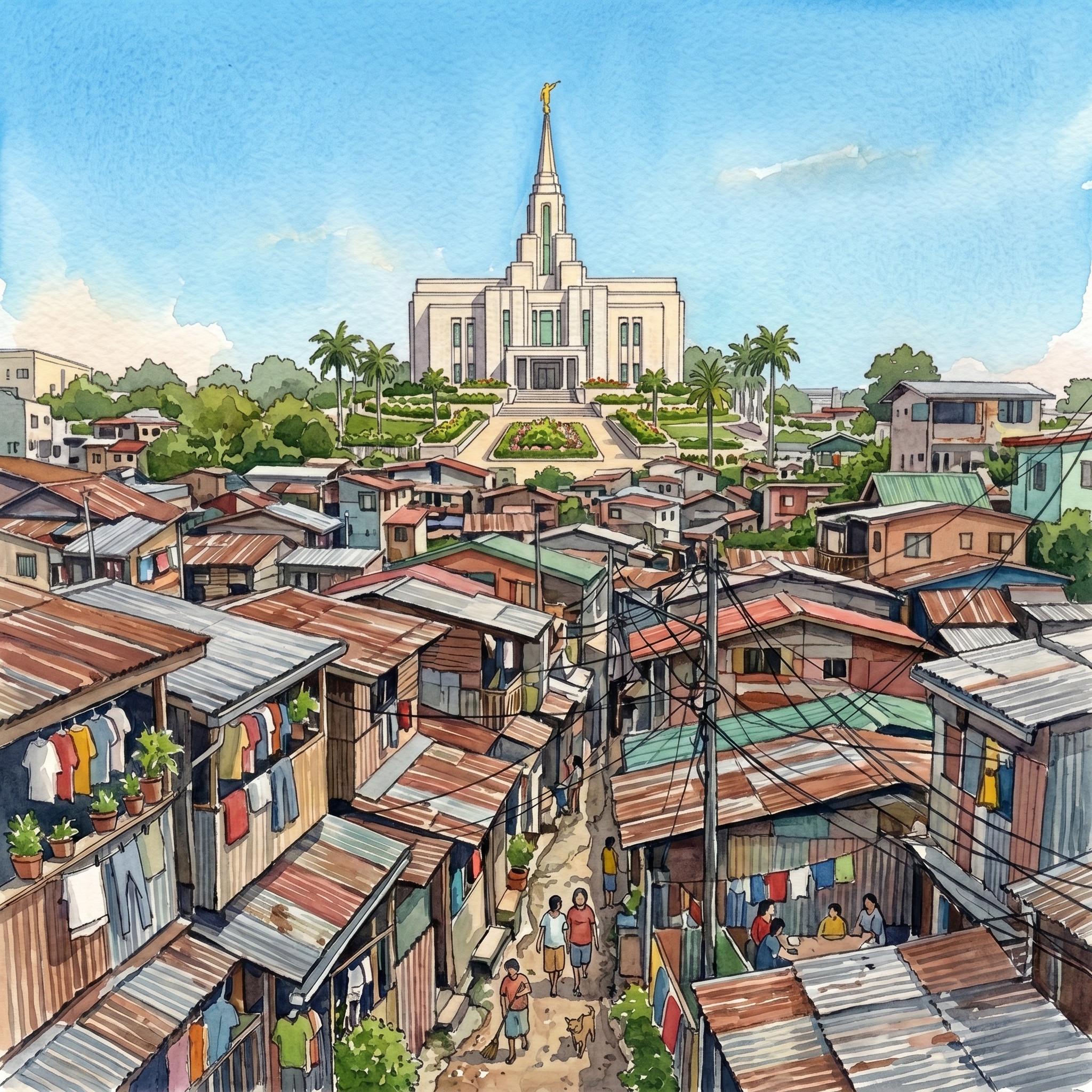 Watercolor and ink illustration. In the background, a white Latter-day Saint temple with a tall central spire topped by a golden statue of the angel Moroni stands on a landscaped rise under a pale blue sky. Wide stone steps lead up through a formal garden of red and pink flowers, flanked by tall palm trees and trimmed green hedges. In the foreground, a dense cluster of one- and two-story shanties presses up against the temple grounds, their walls patched together from weathered boards and corrugated metal, and their rusting roofs painted in fading reds, browns, blues, and greens. Tangled electrical wires run between the rooftops.