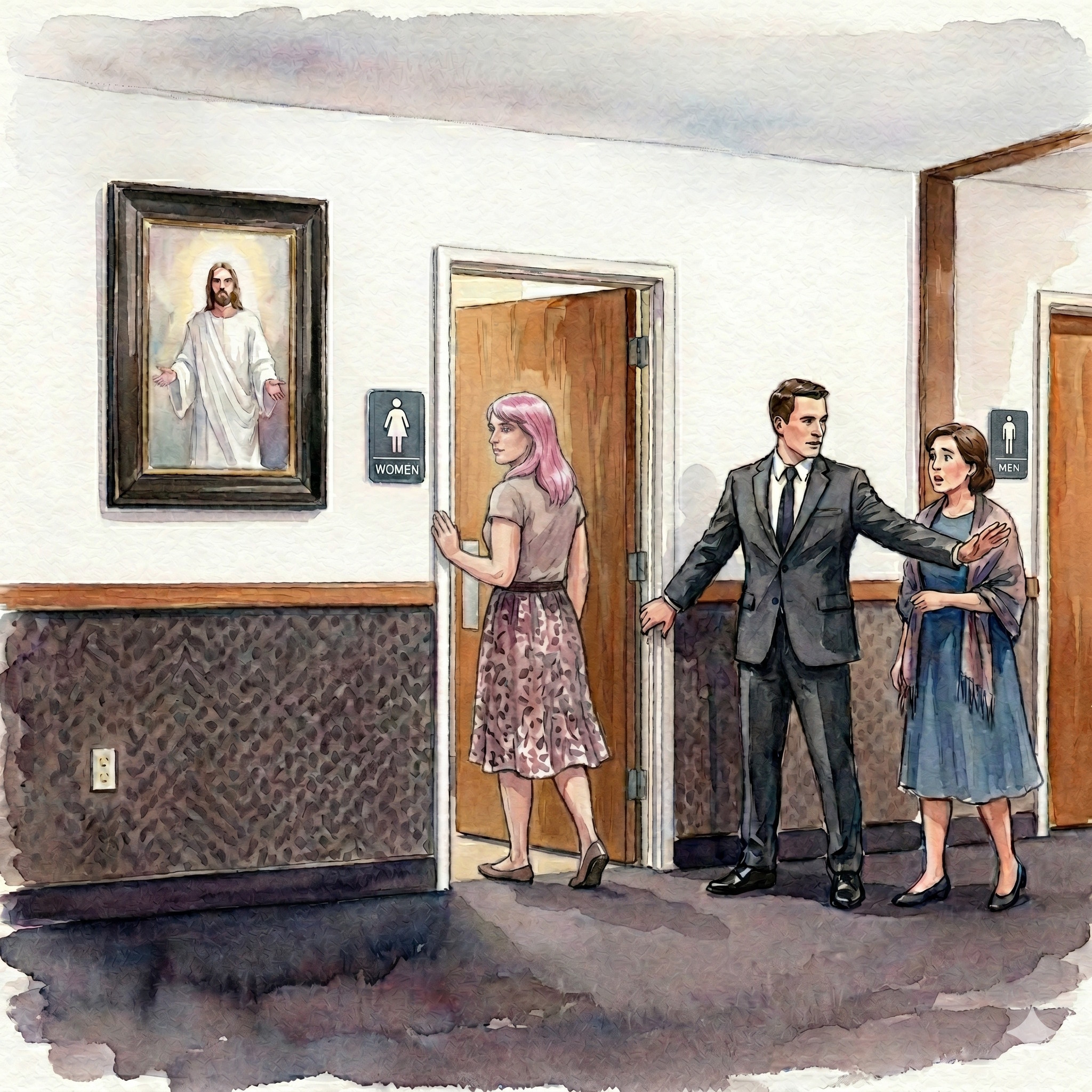 Watercolor and ink illustration of a Latter-day Saint chapel hallway. On the left, a framed painting of Jesus hangs above burlap wall covering, beside an open door marked WOMEN, where a transgender woman with pink hair in a short-sleeved patterned dress is stepping inside. In the center, a dark-haired man in a charcoal suit and white shirt stands with one arm extended into the hallway, blocking cis woman in a blue dress and dusty-rose shawl from entering. A second restroom door marked MEN is visible in the background to the right.