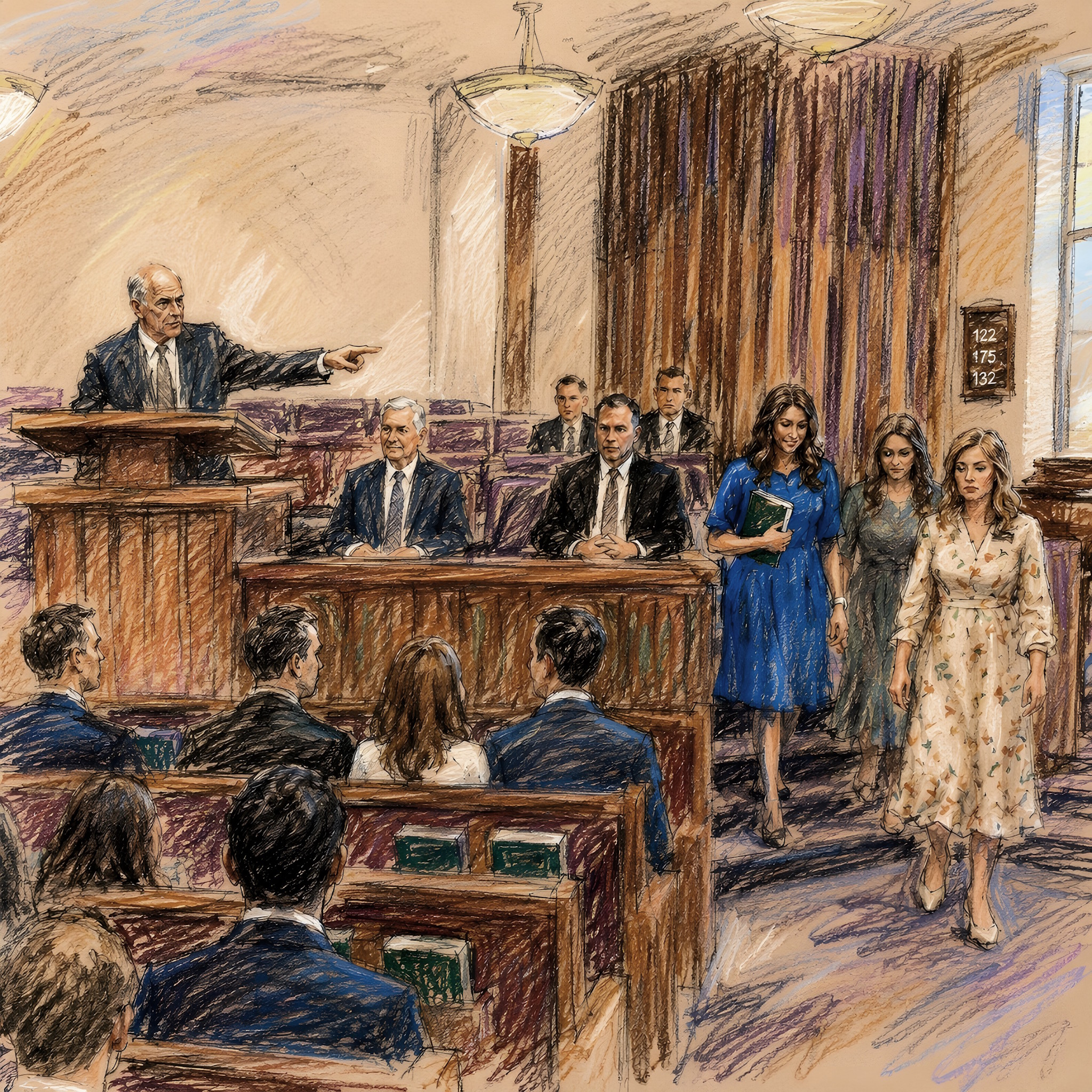 Colored-pencil and ink sketch of a Latter-day Saint chapel during sacrament meeting. A silver-haired man in a dark suit stands at a tall wooden pulpit on the stand, leaning forward and pointing across the room. Two older men in suits sit at a long wooden bench below him; two younger men in suits sit further back. To the right, three women walk in single file off the stand — the lead in a cream floral dress, followed by a woman in a gray-green dress, and lastly a woman in a blue dress holding a dark scripture case. The congregation sits in pews in the foreground with their backs to the viewer.