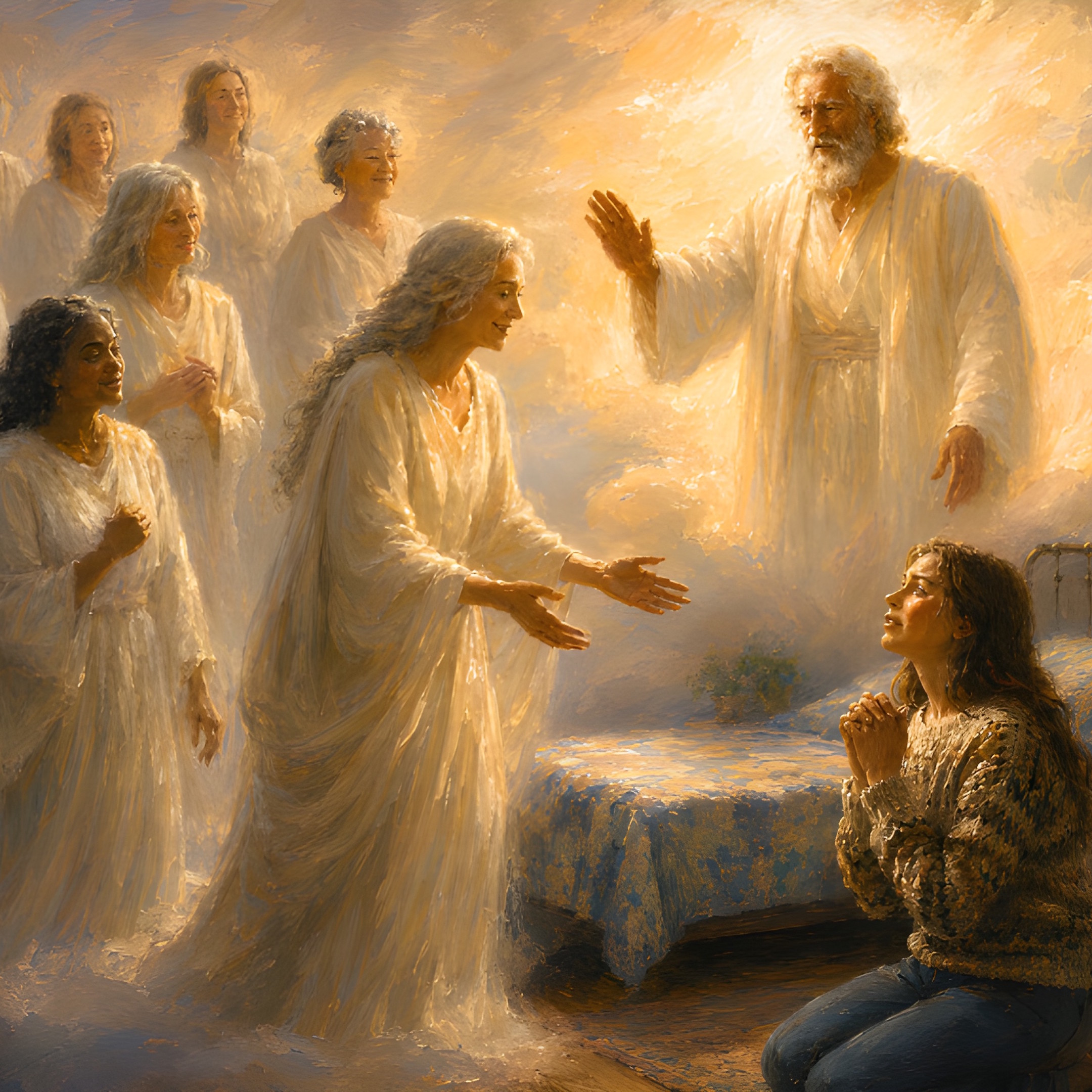 Painted scene of a young woman with long brown hair kneeling at her bedside in a tan cable-knit sweater and jeans, hands clasped and eyes turned upward in prayer. Beside her, a brass-framed bed with a blue floral coverlet sits next to a wooden nightstand holding a lit lamp and a small framed picture. Above the bed, a glowing cloud holds a vision of roughly a dozen women of varied ages and ethnicities in flowing white robes; one in the foreground steps forward with both arms outstretched toward the praying woman. To the right, a white-bearded man in white robes raises an open palm between the woman and the reaching mother, blocking her approach.